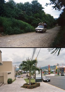 60 miles apart Picture showing full pick-up truck on dirt road in rural area, versus wealthy neighborhood, in El Salvador