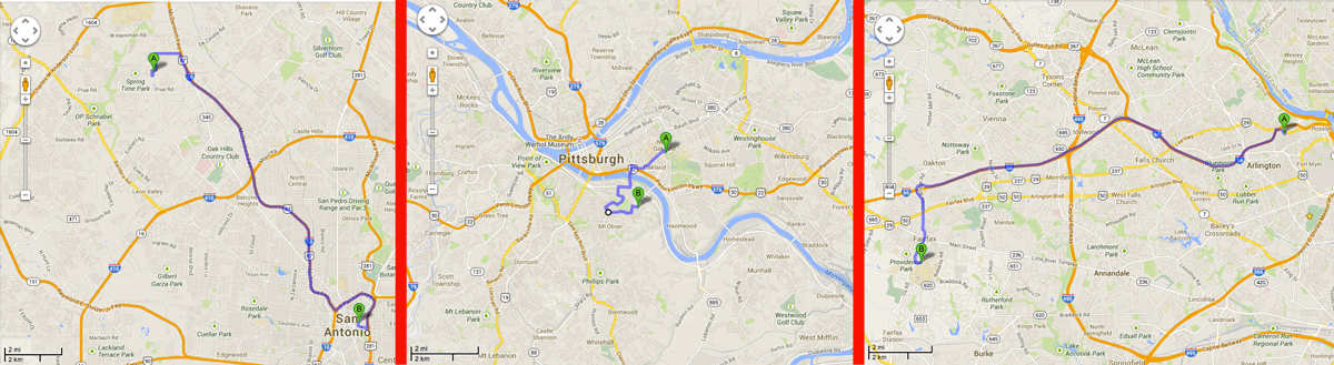 From left: San Antonio, Pittsburgh, Northern Virginia. Although the maps' scale is slightly different, nonetheless this makes clear that the distance traveled in Pittsburgh is significantly smaller.