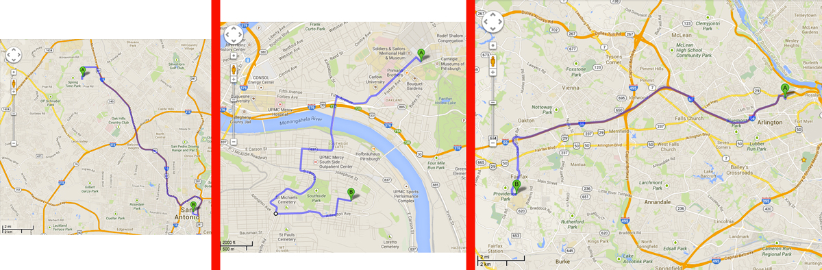 From left: San Antonio, Pittsburgh, Northern Virginia. Not only do I show different scales, but notice that I made the maps different sizes to reflect my perceptions of space with each.