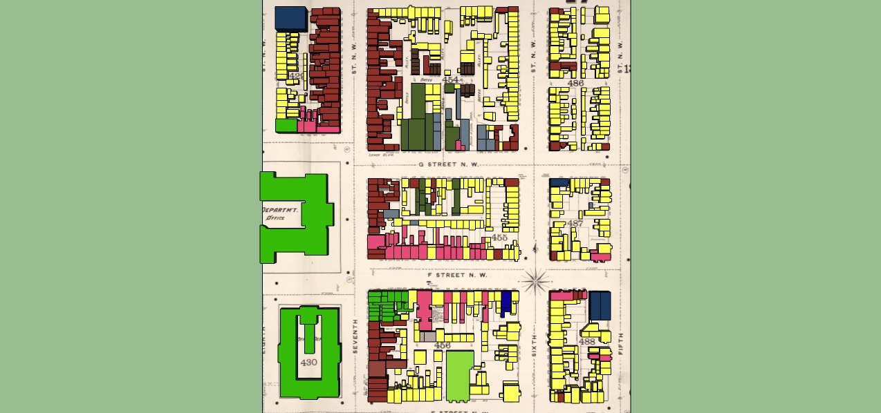 Overhead view of the nine blocks, showing building uses.