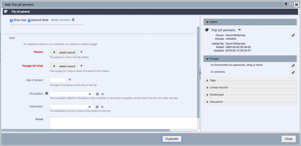 Screenshot of the Heurist database, showing David McKenzie's "Add Trip (of Person)" interface.