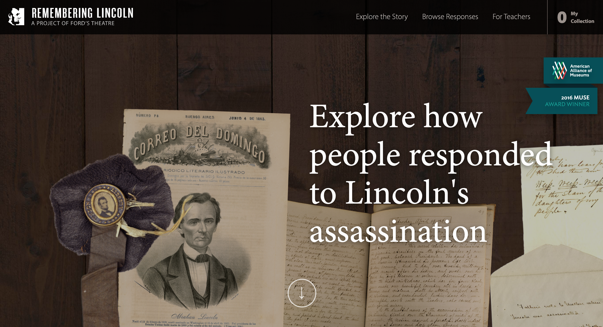 Header of a website called "Remembering Lincoln." A collage of images of documents with the overlaid text "Explore how people responded to Lincoln's assassination."