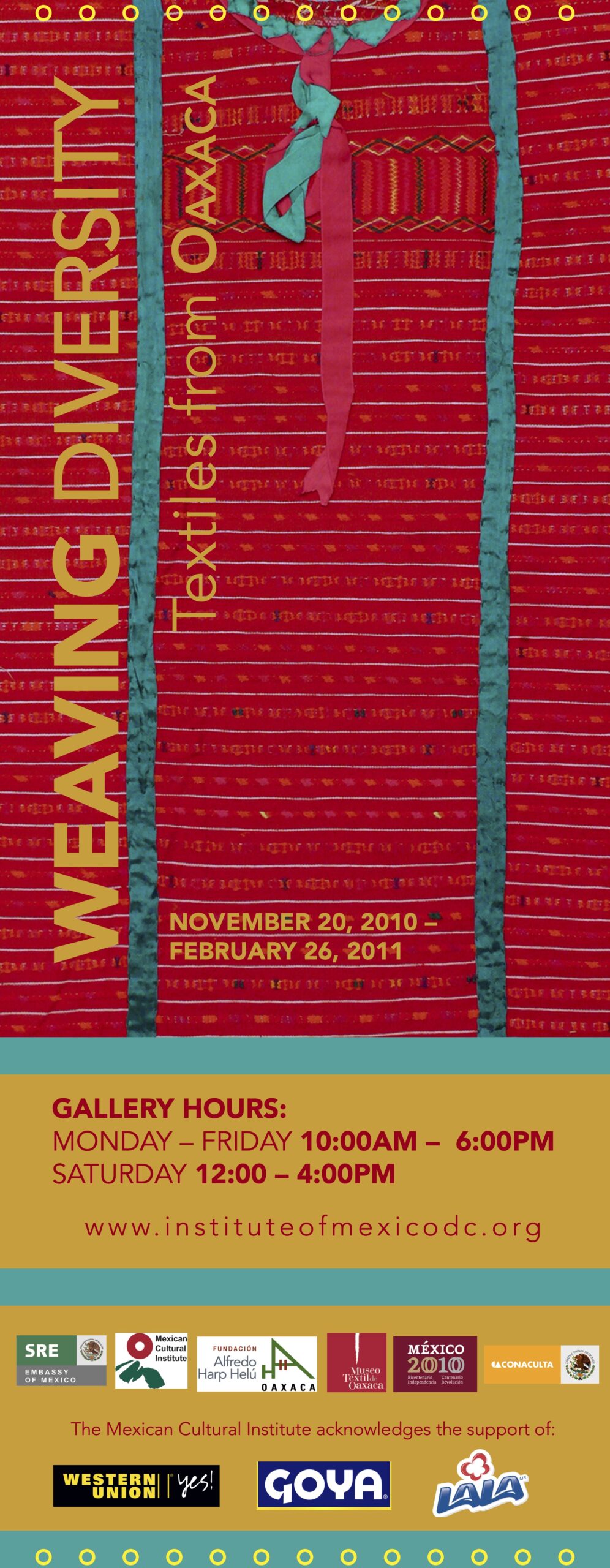 Tall banner including a red textile pattern with green lines for an exhibition called "Weaving Diversity: Textiles from Oaxaca."