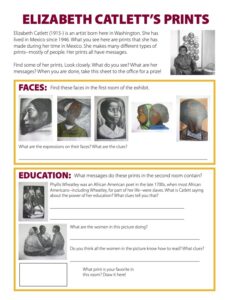 An educational worksheet/scavenger hunt, including a picture of the African American artist Elizabeth Catlett and pictures from an exhibition of her prints, with accompanying questions.
