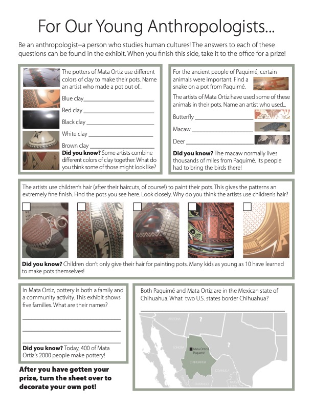 Educational scavenger hunt worksheet for an exhibition, including patterns from pottery.