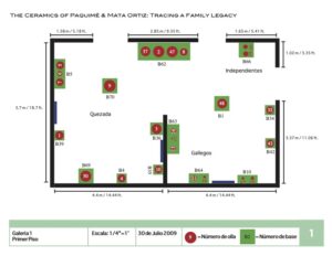 Floorplan of a museum gallery, including numbers starting with "B" for bases and numbers indicating art pieces.