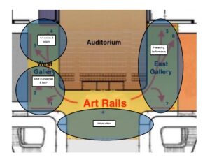 Drawing of a map, showing several sections for a proposed museum exhibition.