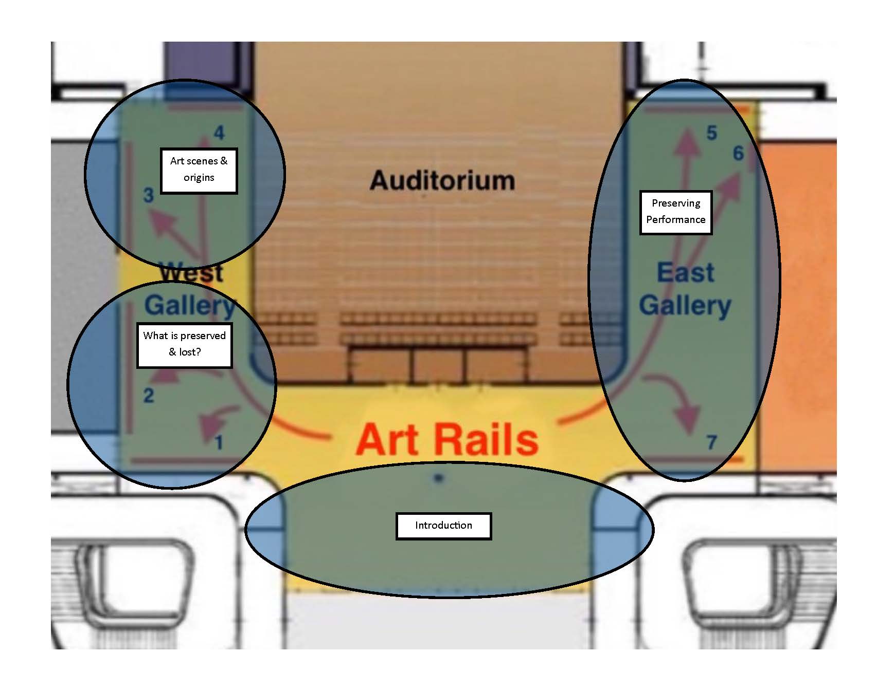 Drawing of a map, showing several sections for a proposed museum exhibition.