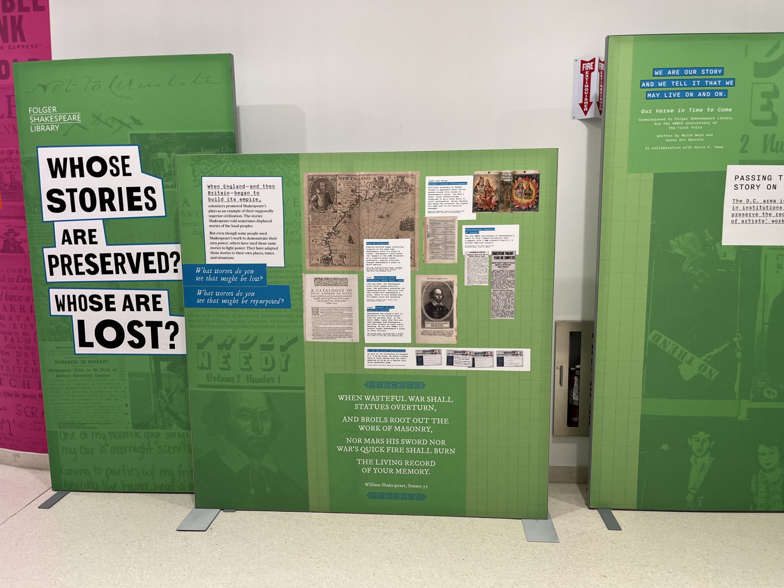 Two green exhibition graphic panels, with the title "Whose stories are preserved? Whose are lost?"