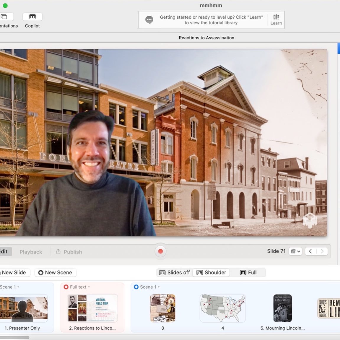 A man in a window in computer software, in front of a background that combines a historic and present-day image of Ford's Theatre.