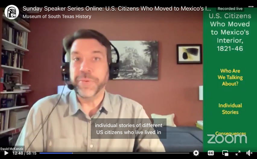 A man on a screen, with a sidebar saying "U.S. Citizens Who Moved to Mexico's Interior, 1821-46"