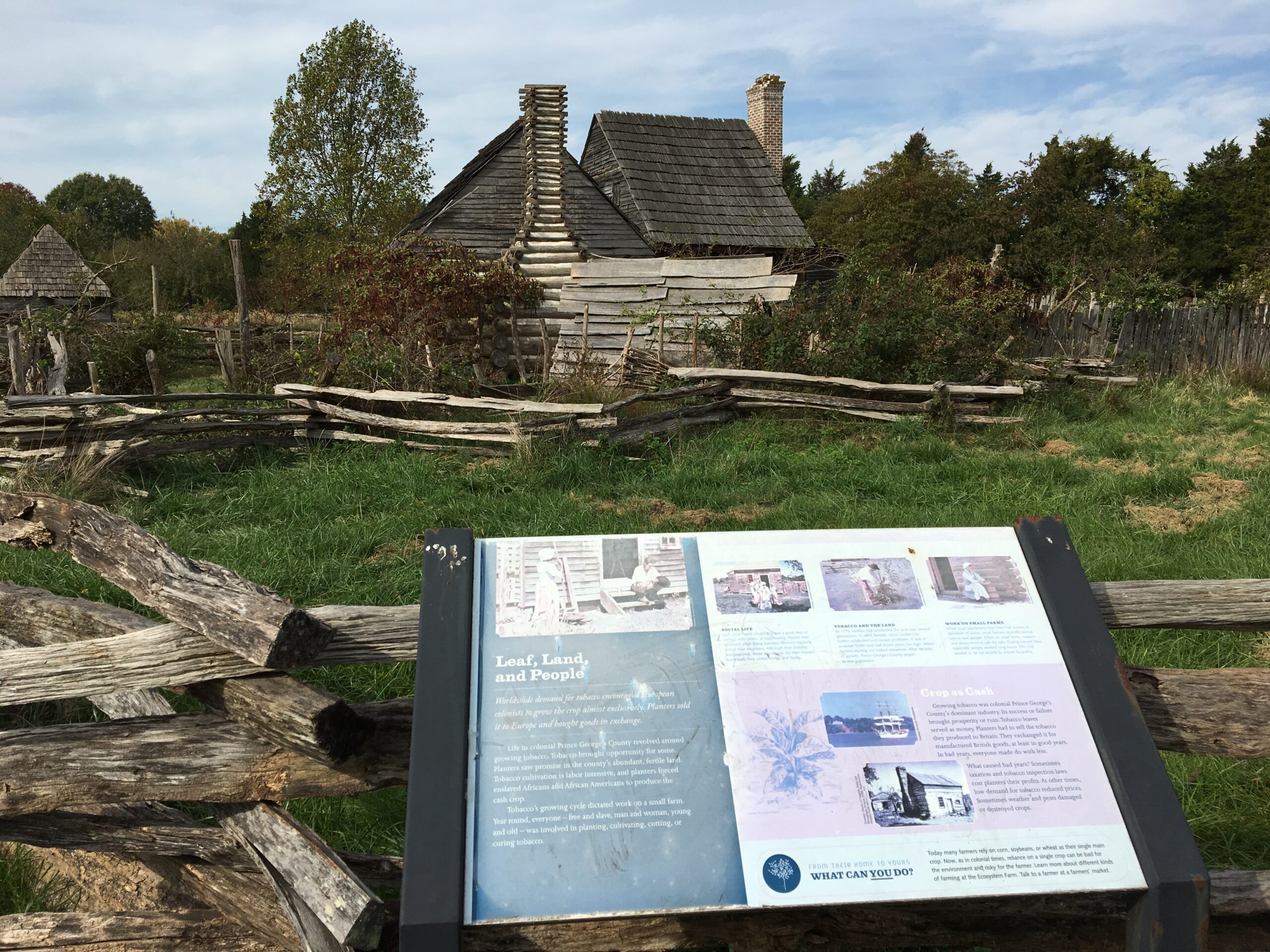 An exhibition graphic panel in front of a wooden fence and a log cabin.